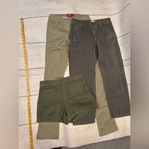 J. Crew Chinos in Olive, Gray, and khaki’s